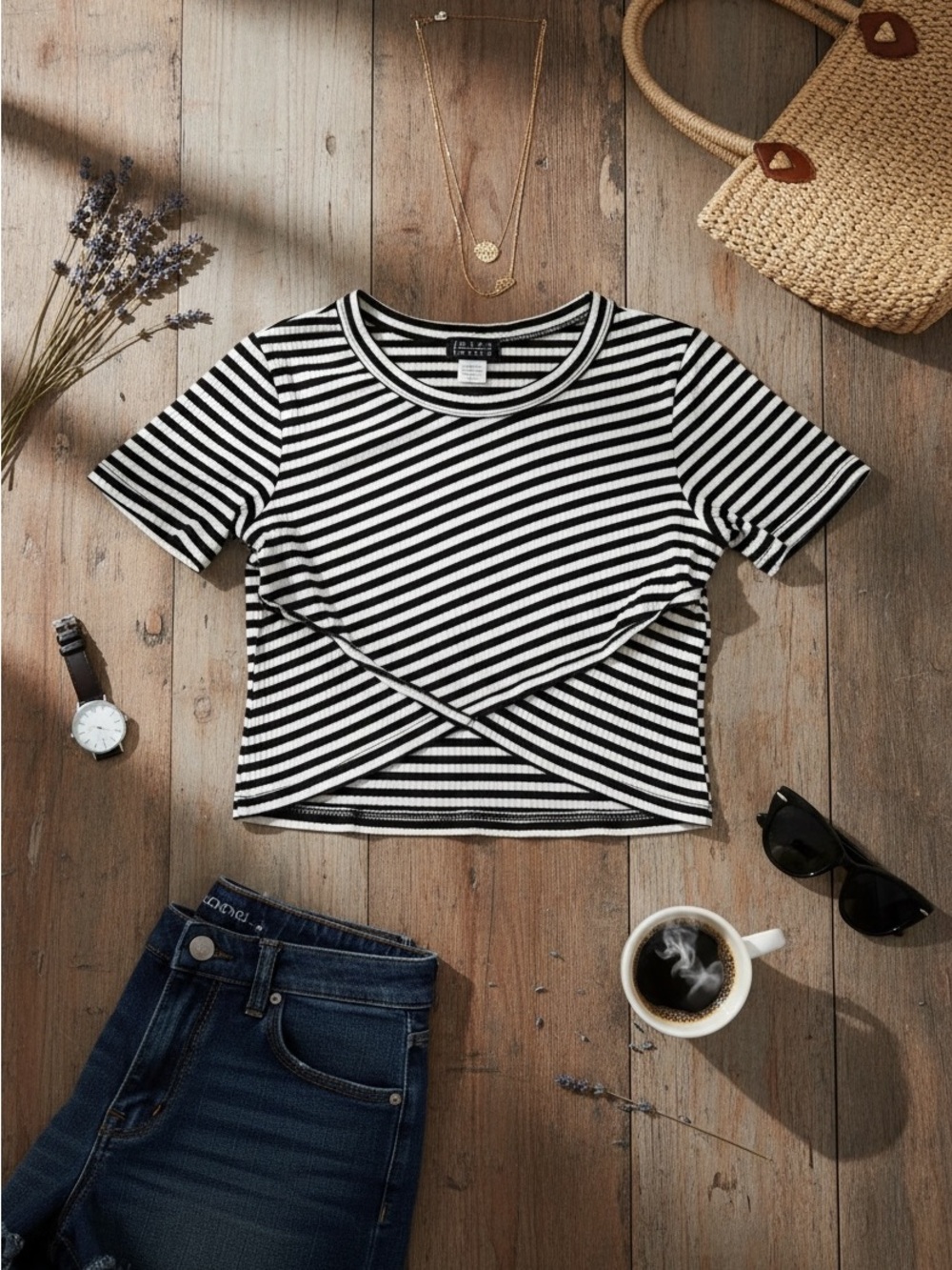 Joyce Leslie Black and White Striped Cross-Front Crop Top